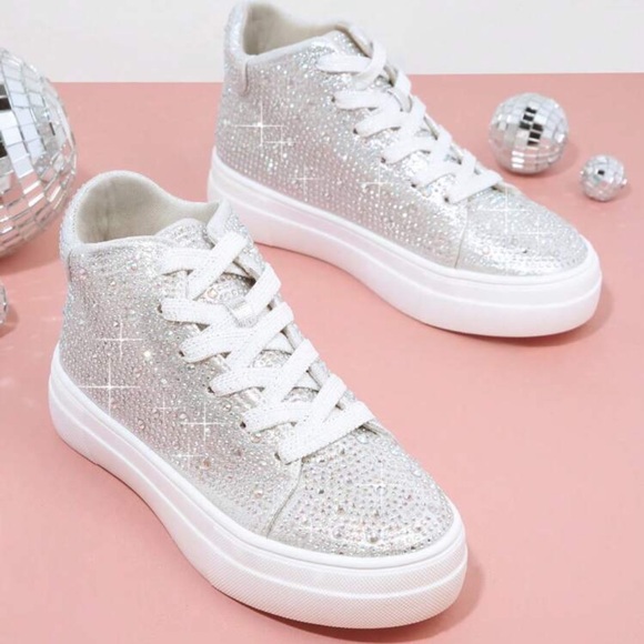 Kids Silver Rhinestone Lace-Up Sneakers - Picture 2 of 4
